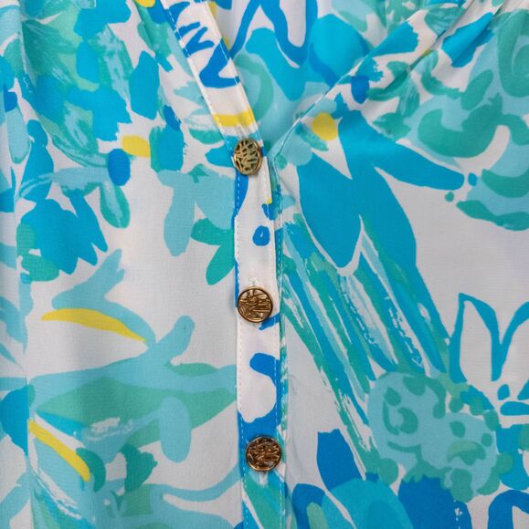 Lilly Pulitzer Silk Blue Floral Blouse – Long Sleeve – Coastal Preppy –‎ Small - Picture 3 of 7